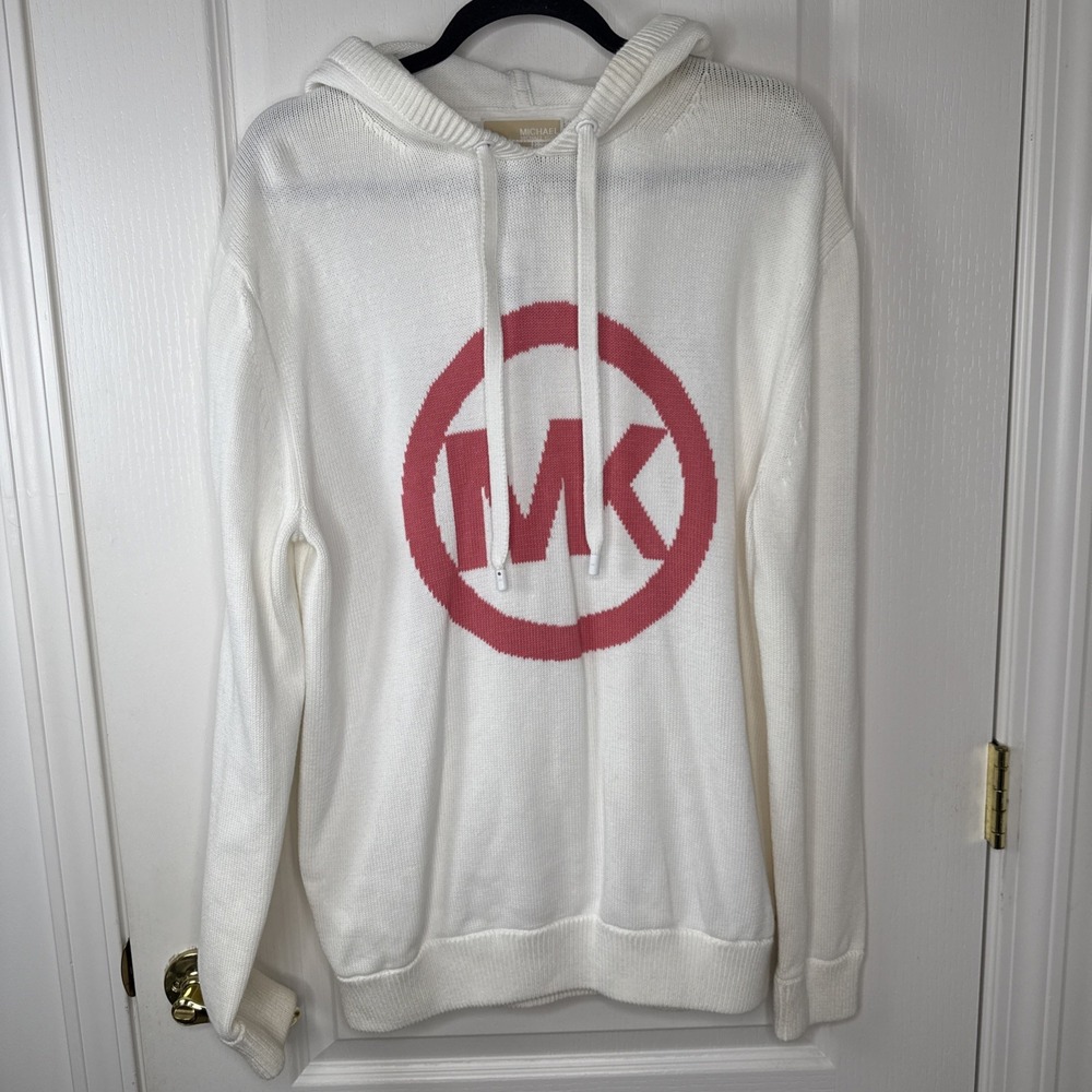 Michael Kors Womens M White Pink MK Logo Hooded Sweater NWT Knit Pullover Hoodie